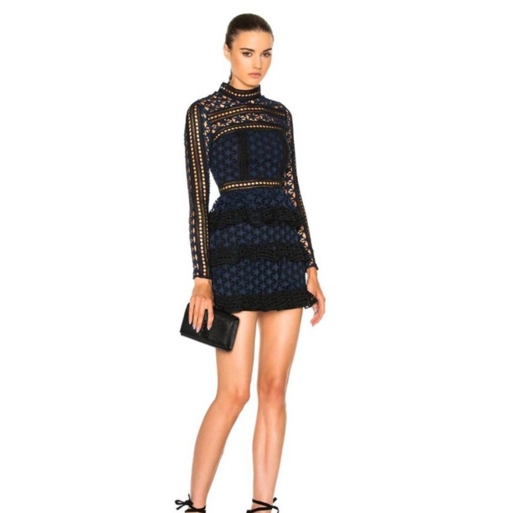 Self portrait star black and blue lace tiered ruffle dress 4